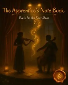 Violin and cello duet performing on a warmly lit stage, with glowing music notes rising between them. Title reads “The Apprentice’s Note Book: Duets for the First Stage,” symbolizing beginner-level duet repertoire.