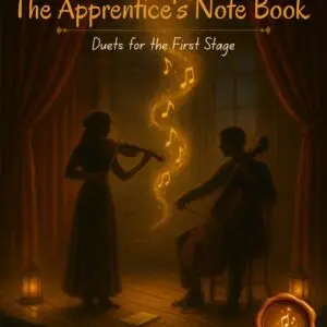 Violin and cello duet performing on a warmly lit stage, with glowing music notes rising between them. Title reads “The Apprentice’s Note Book: Duets for the First Stage,” symbolizing beginner-level duet repertoire.