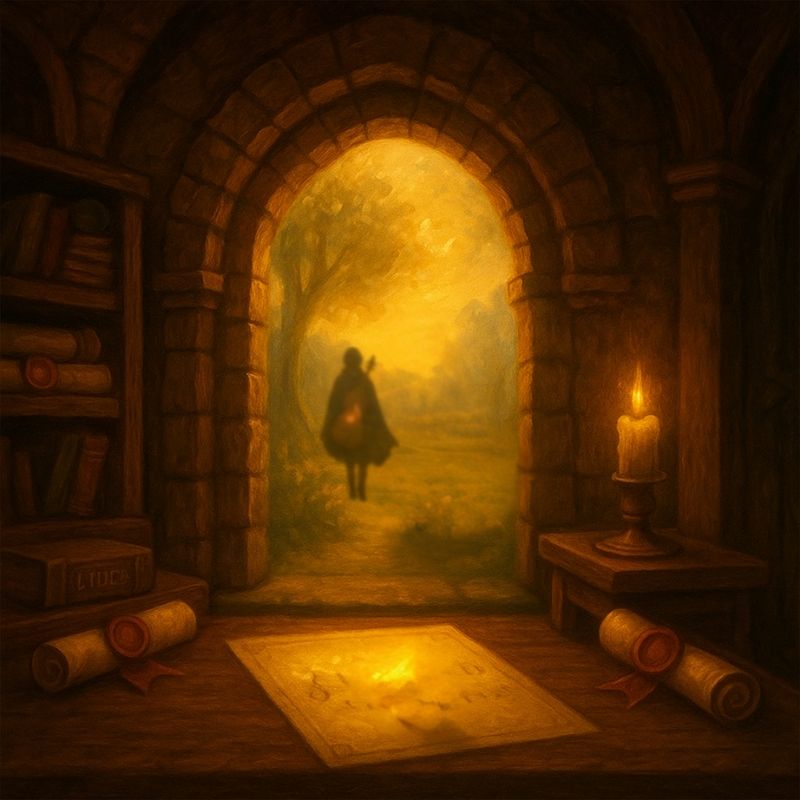 A glowing page of sheet music on a desk inside a stone archway, with a hooded bardic cellist walking into a golden, enchanted forest — symbolizing musical quests and practice motivation.