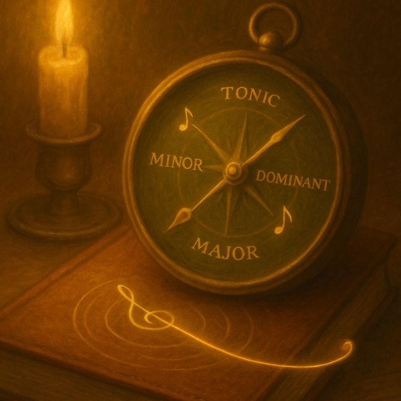 Antique-style musical compass showing tonic, dominant, major, and minor — symbolizing tonal direction in violin and cello duets by Duo.Hansen.