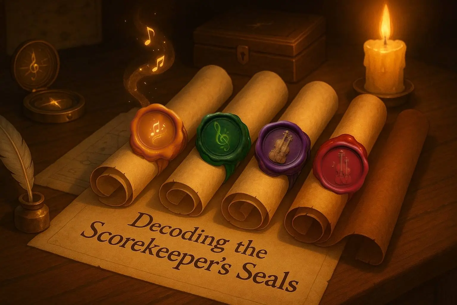 Scorekeeper’s Seals for violin and cello duet sheet music — four parchment scrolls with glowing wax seals (beginner to professional levels) on an antique desk with quill, compass, and candlelight.