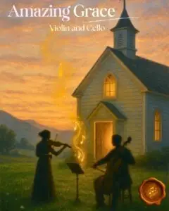 Violinist and cellist playing Amazing Grace in front of a church at sunset.