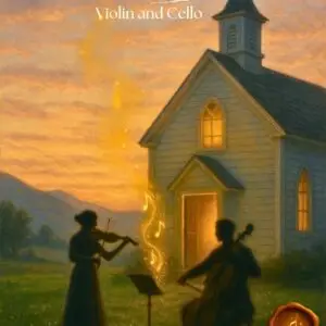 Violinist and cellist playing Amazing Grace in front of a church at sunset.