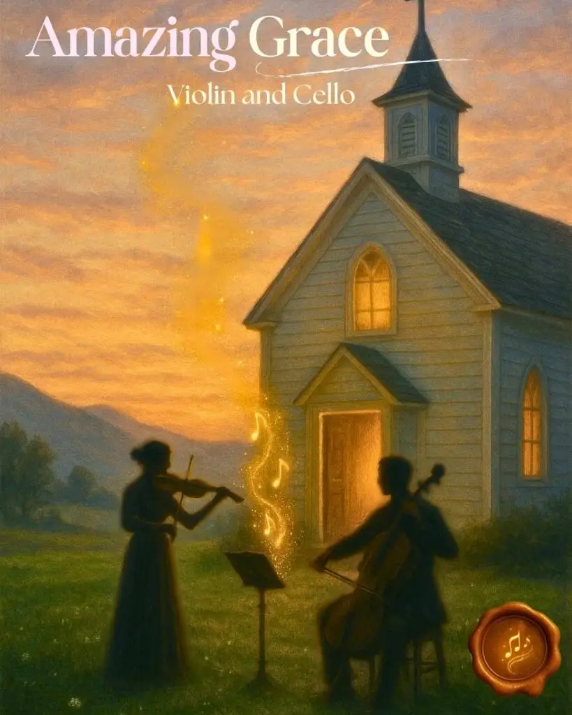 Violinist and cellist playing Amazing Grace in front of a church at sunset.