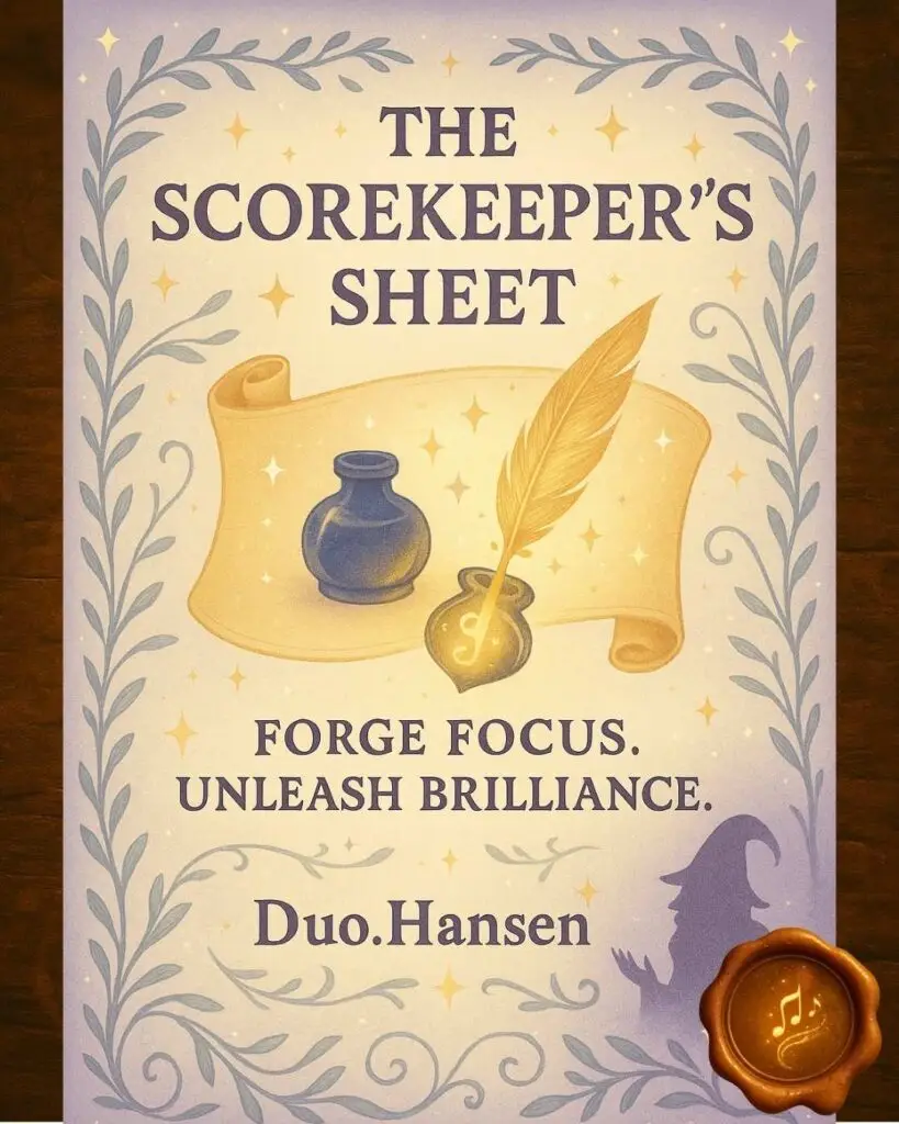 Beginner music practice planner – The Scorekeeper’s Sheet by Duo.Hansen with whimsical enchanted design, quill, ink pot, and “Forge Focus. Unleash Brilliance.” tagline.