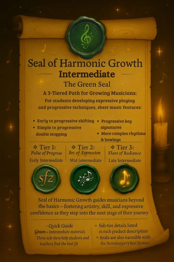 Duo.Hansen Green Seal infographic – Seal of Harmonic Growth for intermediate violin, viola, and cello sheet music, duets, and theory. Highlights shifting, double stops, key signatures, and expressive playing