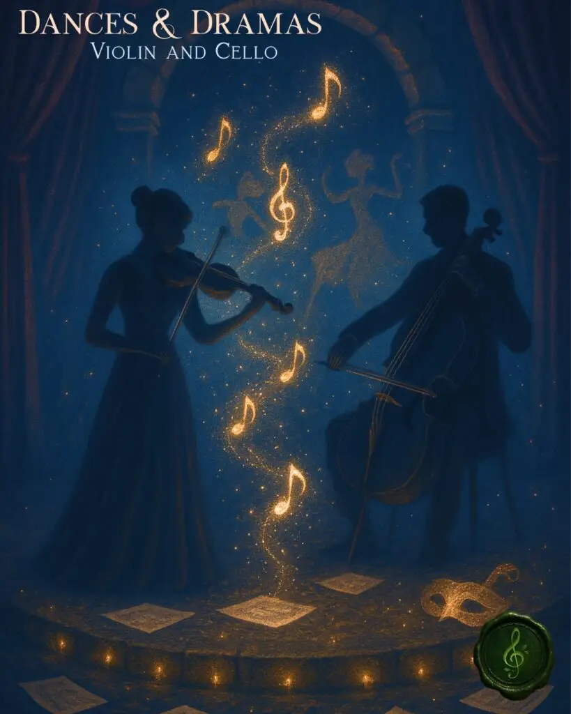 Cover image of the Dances and Dramas violin and cello duet sheet music bundle