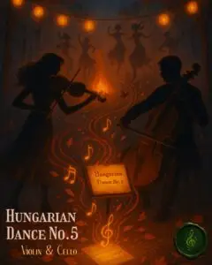Cover Image of Brahms' Hungarian Dance no. 5 for violin and cello duet sheet music