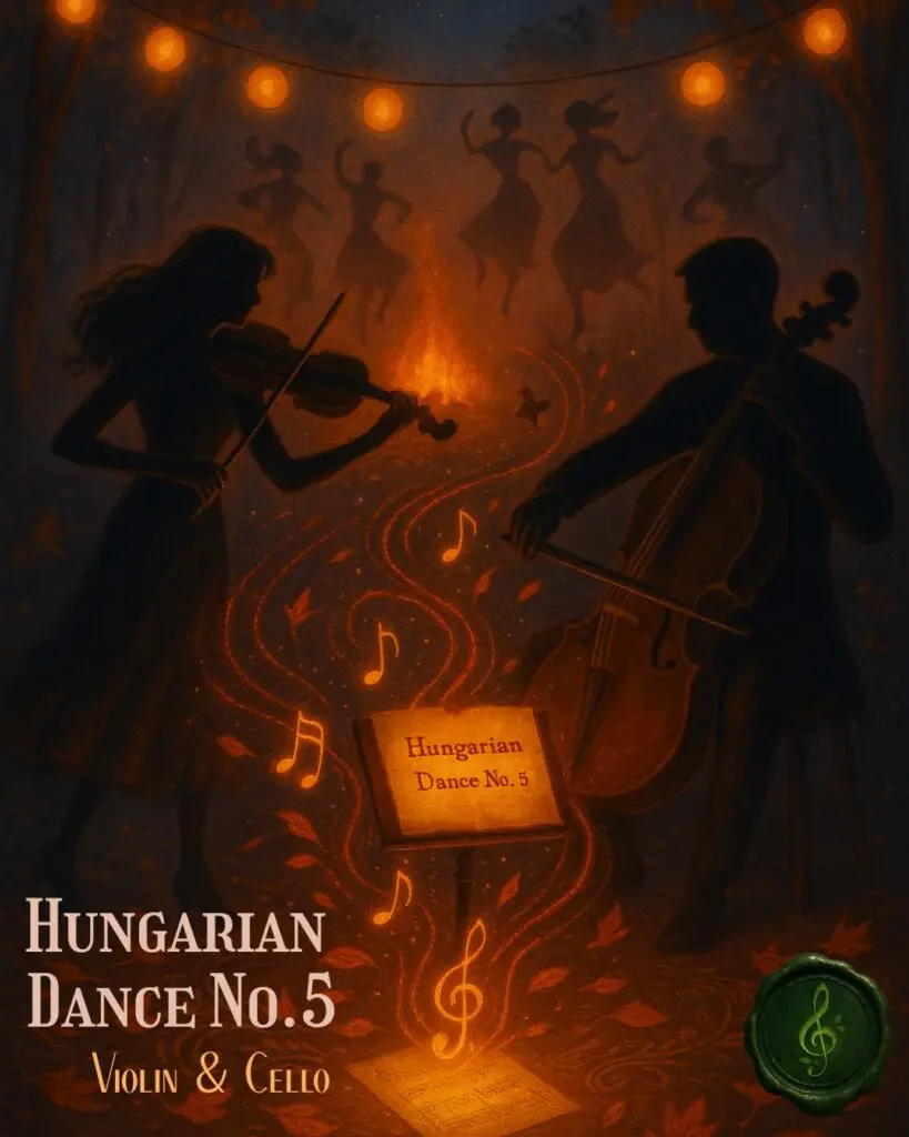 Cover Image of Brahms' Hungarian Dance no. 5 for violin and cello duet sheet music