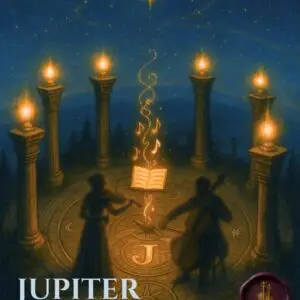A Violinist and Cellist surrounded by tall torches playing Holst's Jupiter theme together.