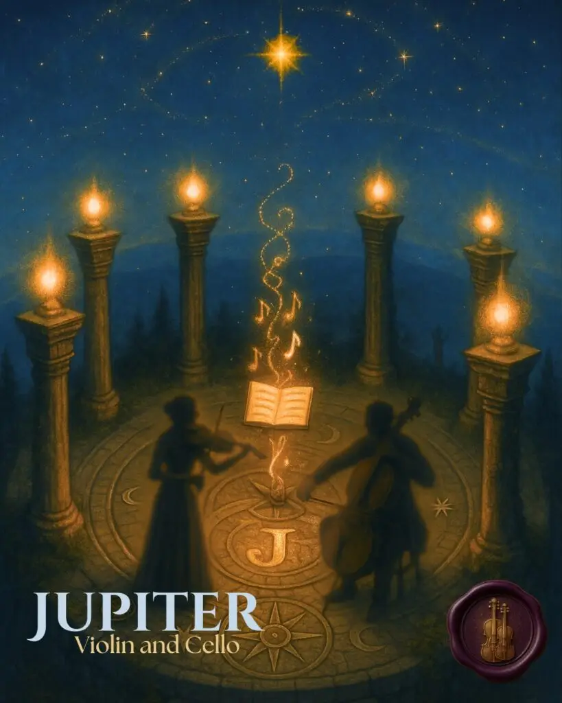 A Violinist and Cellist surrounded by tall torches playing Holst's Jupiter theme together.