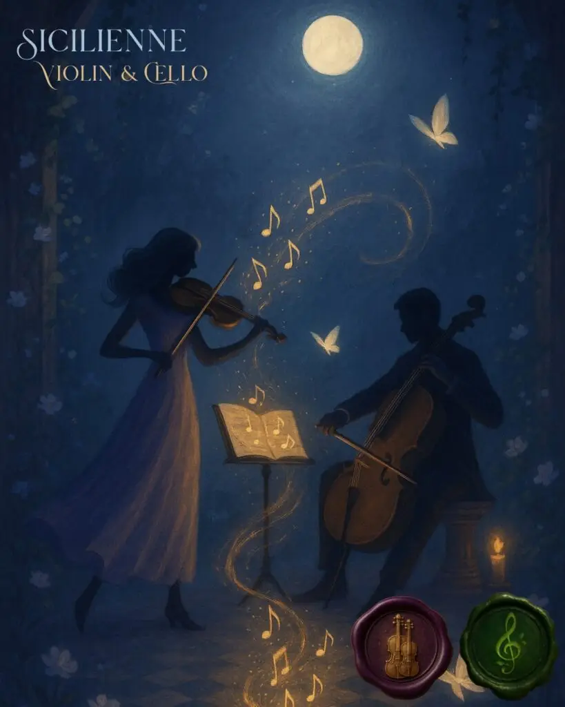 cover art for Faure's Sicilienne violin and cello duet sheet music. Used as the main product image in the Duo.Hansen store.