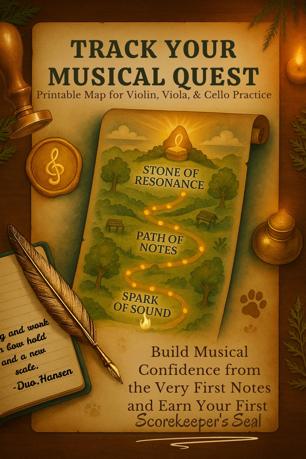 Promo image of Duo.Hansen's Mileston Maps Practice Aid, showing a map resting on a desk with seal, stamp, quill, and candle