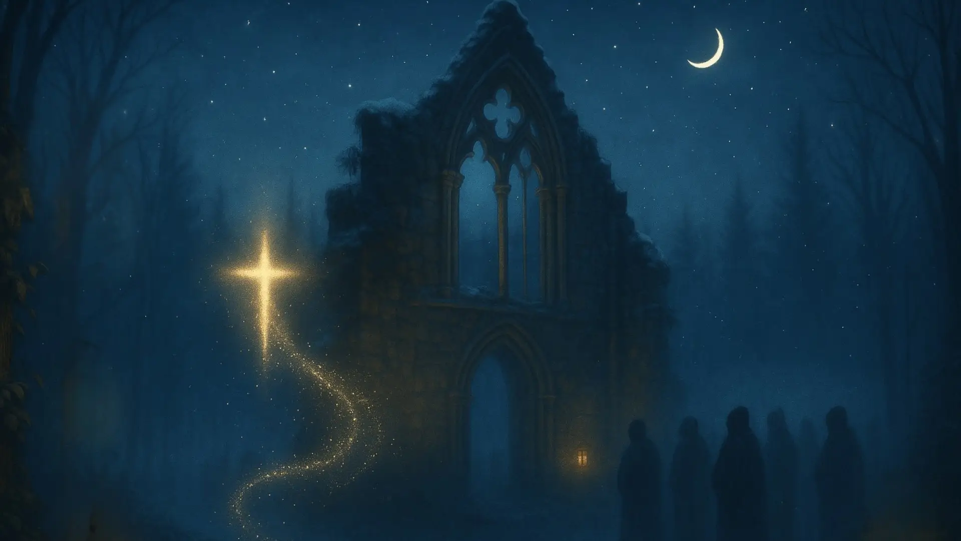 An Image of monks singing O Come, O Come, Emmanuel outside the ruins of an ancient chruch.