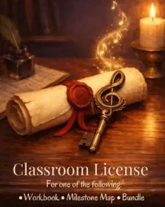 Classroom License PDF Summary Cover Image - Wrapped and sealed scroll with Treble Key on a polished desk.