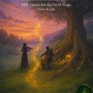 Cover Image for the Emerald Note Book Bundle. Violinist and cellist playing together outdoors next to a tree with a pot of gold underneath.