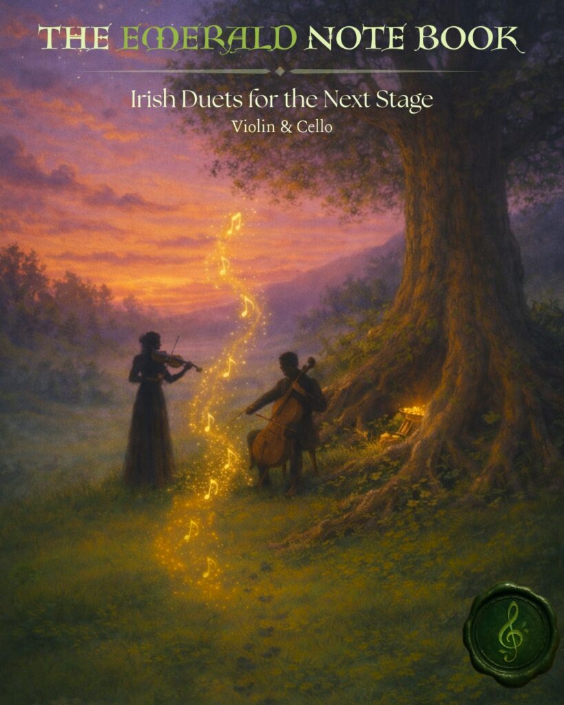 Cover Image for the Emerald Note Book Bundle. Violinist and cellist playing together outdoors next to a tree with a pot of gold underneath.