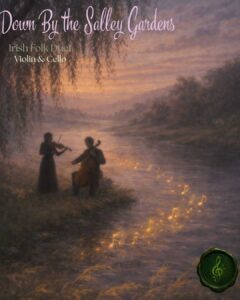 Down By The Salley Gardens Cover Image. Violinist and cellist playing a duet along a river.