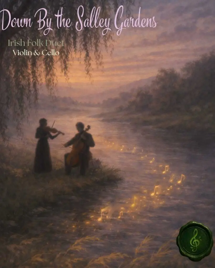 Down By The Salley Gardens Cover Image. Violinist and cellist playing a duet along a river.